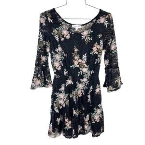 EMERALD SUNDAE‎ | Black Floral Embroidered Flounce Sleeve Lace Mini Dress